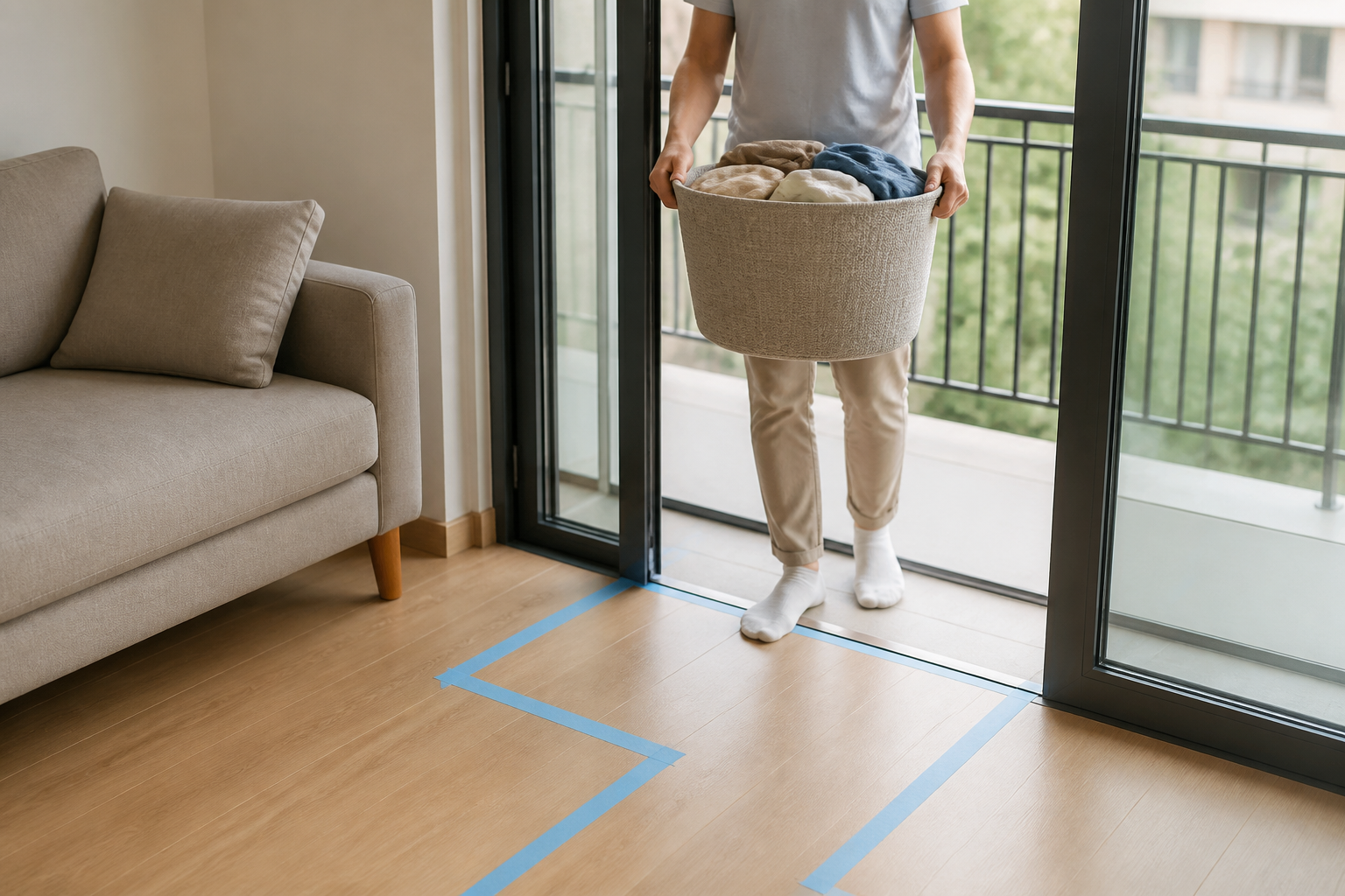 Balkon kapısı geçişini bant ve çamaşır sepetiyle test eden kişi