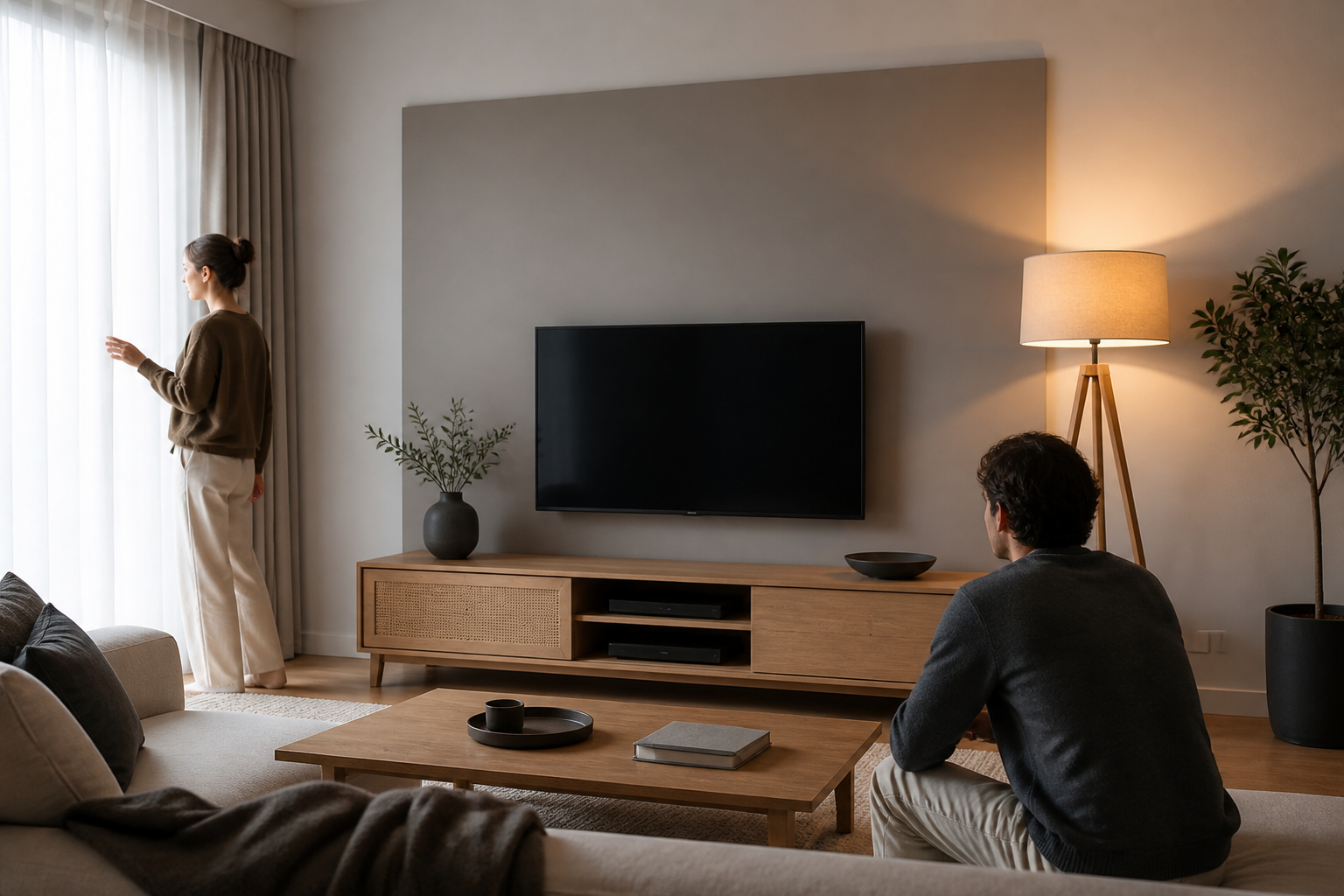 TV ünitesi ve duvar rengi uyumunu gün ışığı ile lambada prova eden iki kişi