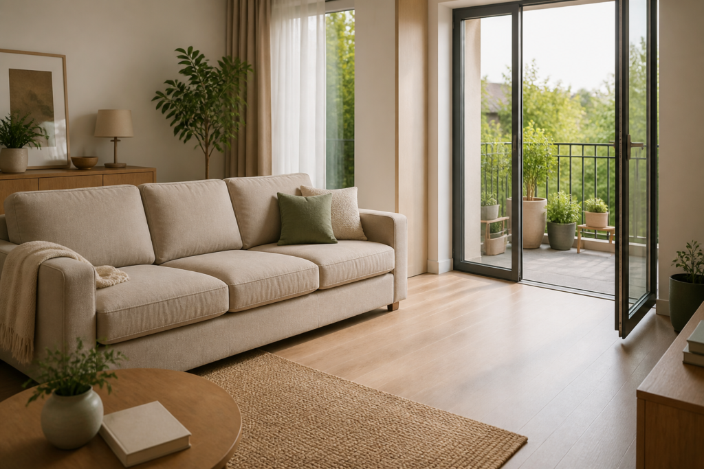 Bej koltuk ile açık balkon kapısı arasında bırakılan rahat geçiş