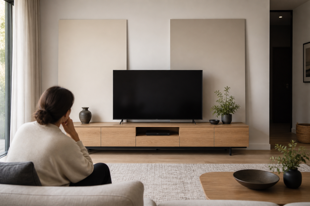 TV ünitesi önünde iki çıkarılabilir duvar rengi numunesini karşılaştıran kişi