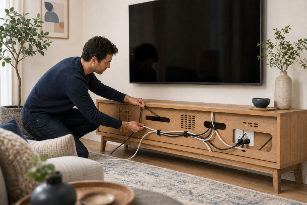 TV ünitesi arkasındaki kabloların erişilebilir biçimde düzenlenmesini planlayan kişi