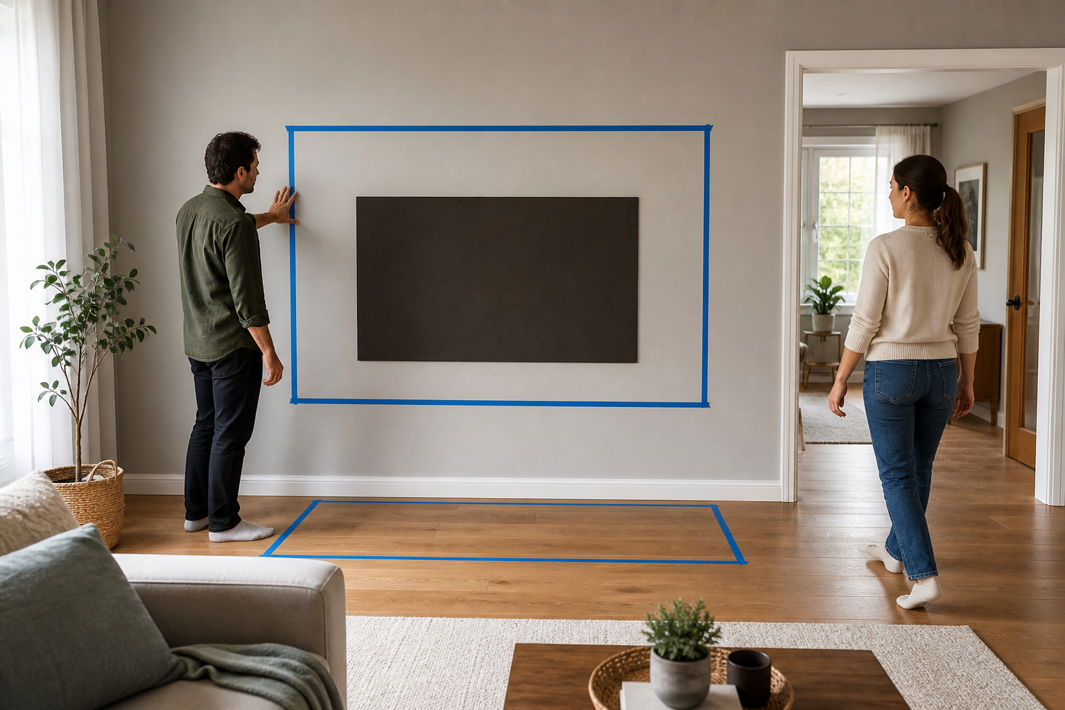 TV ünitesi boyutunu duvar ve zeminde mavi bantla prova eden iki kişi