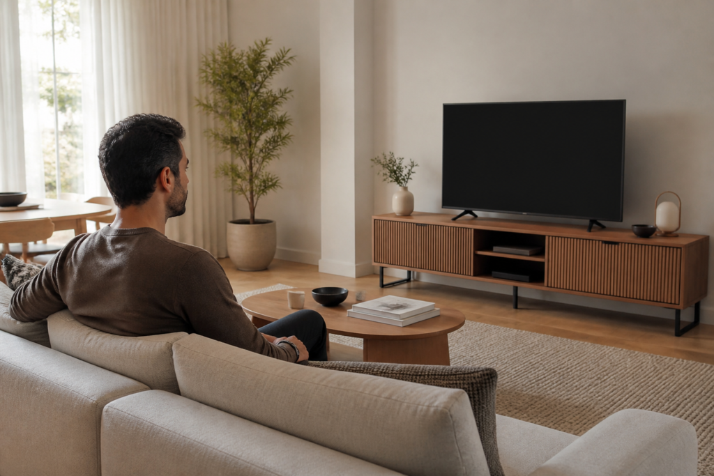 Koltukta oturarak TV ünitesinin görüş hattını kontrol eden kişi